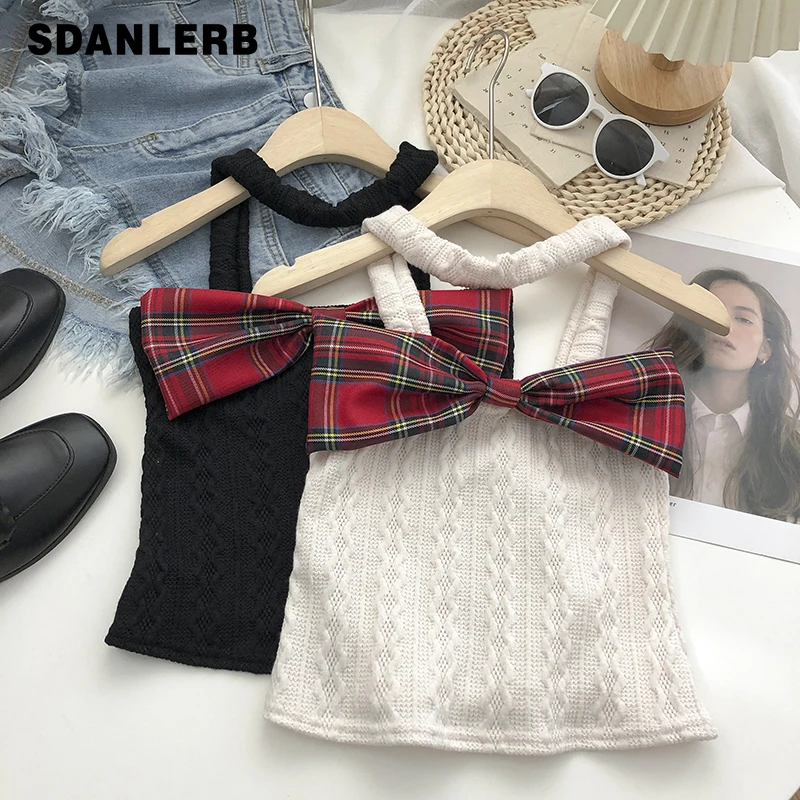 

Halter Stitching Plaid Bow Decorative Vest for Women 2022 Spring Summer Korean Style Retro Easy Matching Short Sling Tank Top