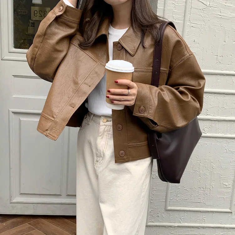 Loose leather jacket for women in the spring  autumn of 2022 Korean fashion casual black single PU jacket short leather jacket