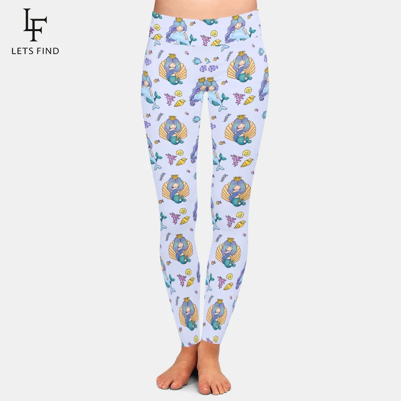 LETSFIND Fashion Women Leggings Cartoon Mermaid Printing High Waist Elastic Pants   Women Casual Leggings