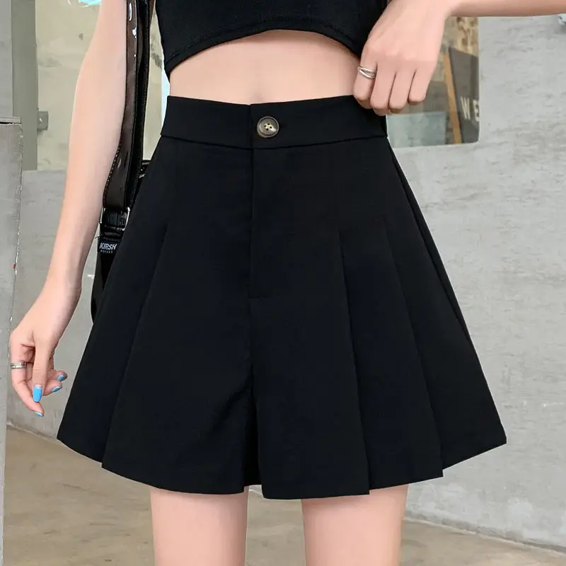 

Summer New section Large size Wide legged pants Women High waist outer wear Aline shorts black Casual Shorts pleated mini skirt