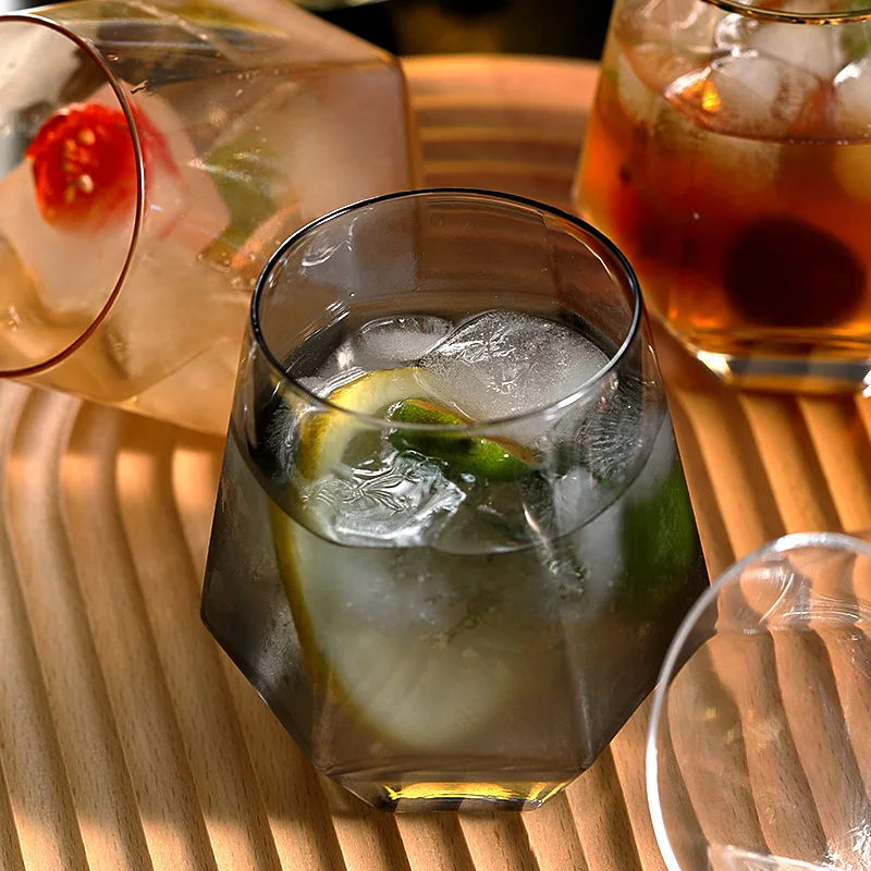 Стакан для воды виски 300 мл нескользящий кофе молока алмазный шестиугольный