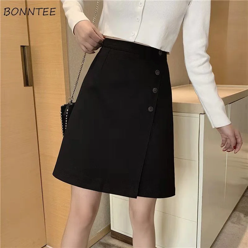 

Skirts Women 4XL Solid Button Knee-length Elegant Office Lady Business Temperament Korean Style Trendy Females Summer Mature New