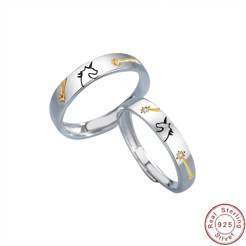 

European Original Star Unicorn Couple Open Ring S925 Sterling Silver With Zircon For Women Birthday Jewelry Gift