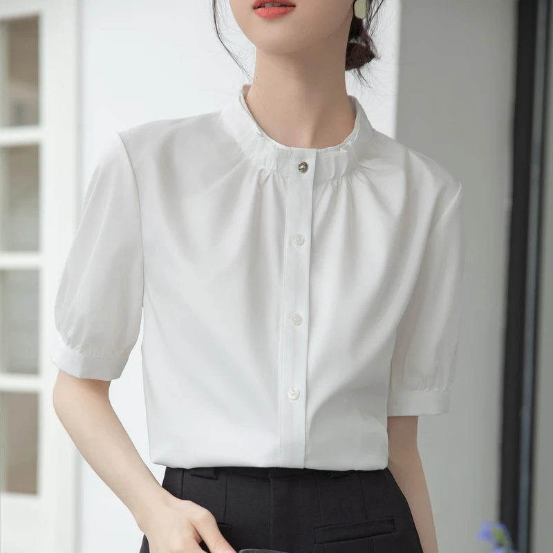 Модная женская рубашка с коротким рукавом и воротником-стойкой Офисная Женская