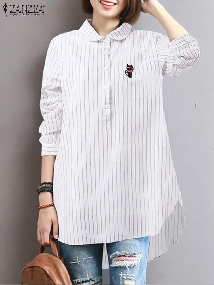 

Женские рубашки с длинным рукавом ZANZEA корейский стиль Топы Туника 2022 Повседневная модная офисная полосатая блузка на пуговицах женские блу...
