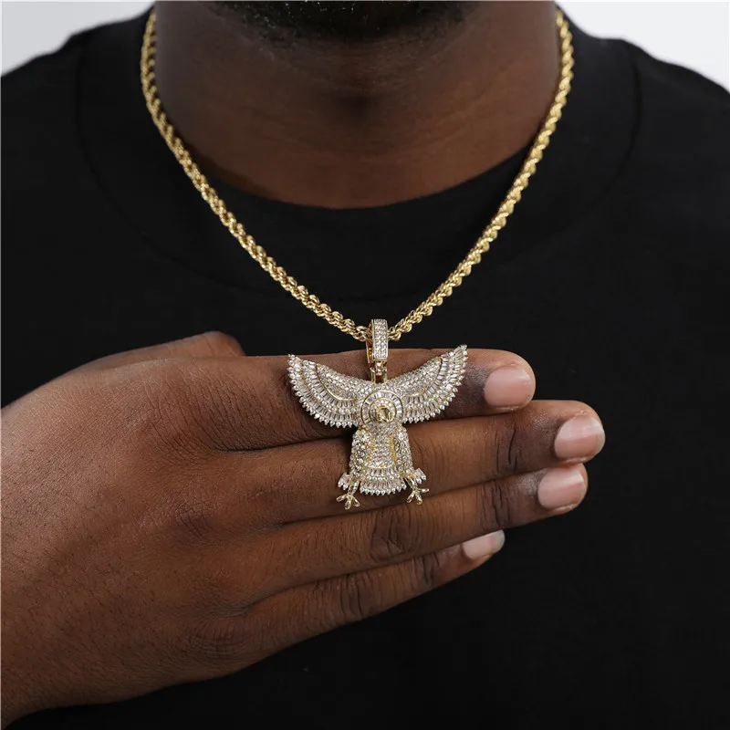 

Rock Style Iced Out Owl Pendant Necklace Men With Rope Chain Gold Silver Color Charms Chain Hiphop Jewelry Gifts