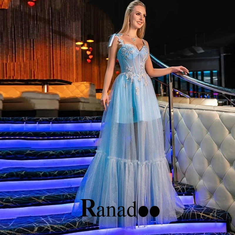 

Sky Blue Sparkly Tulle Appliques Lace Evening Dresses Sweetheart Spaghetti Strap Lace Up Gowns