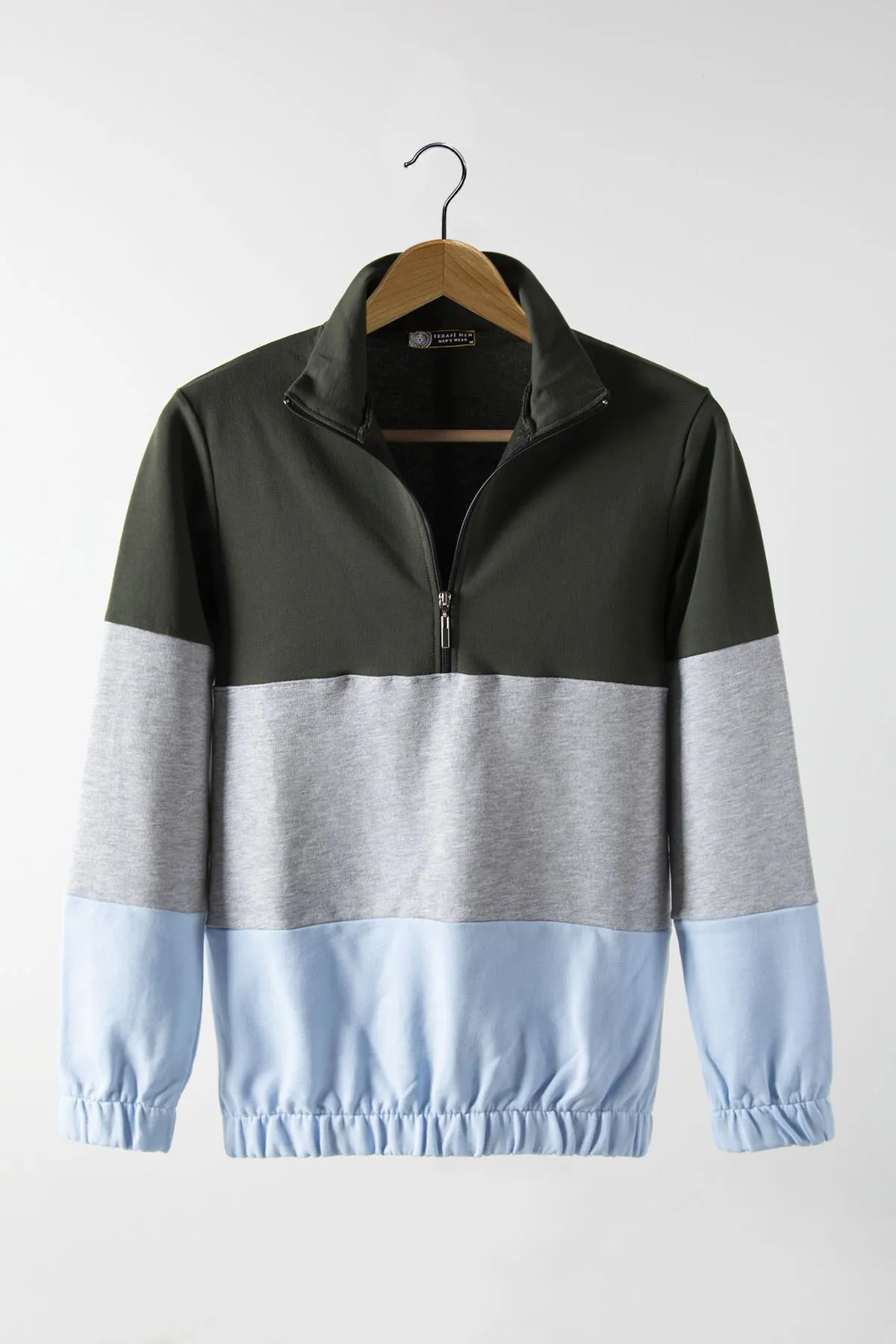 

Therapy Men Unisex Three Blocky Half Zipper Casual Mould Sweatshirt 21K-5200456 Haki