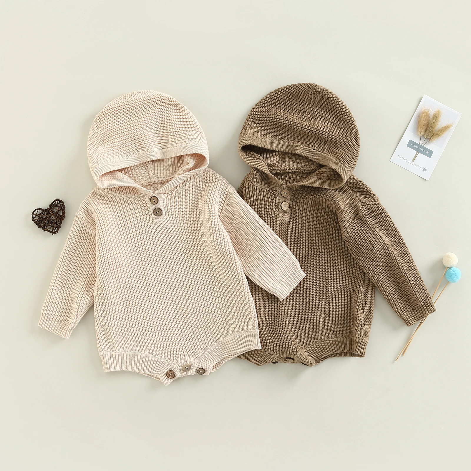 

2022-08-16 Lioraitiin Baby Girls Boys Autumn Winter Knitted Bodysuit Solid Color Long Sleeve Button Hooded Jumpsuit