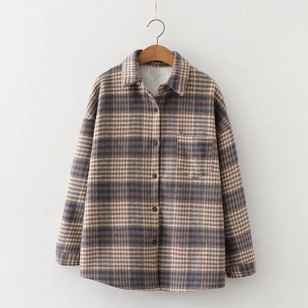 

Woolen Coat Long Sleeves Warm Loose Women Winter Warm Blouse Woolen Plaid Shirt Jacket Women Coat Streetwear