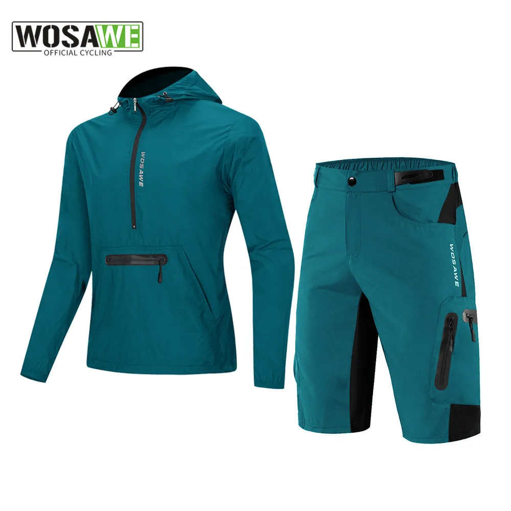 WOSAWE Men Cycling Jacket Set Partial zipper Waterproof Windbreaker + Bermuda Reflective Running Coat MTB Bike Cycling Clothing