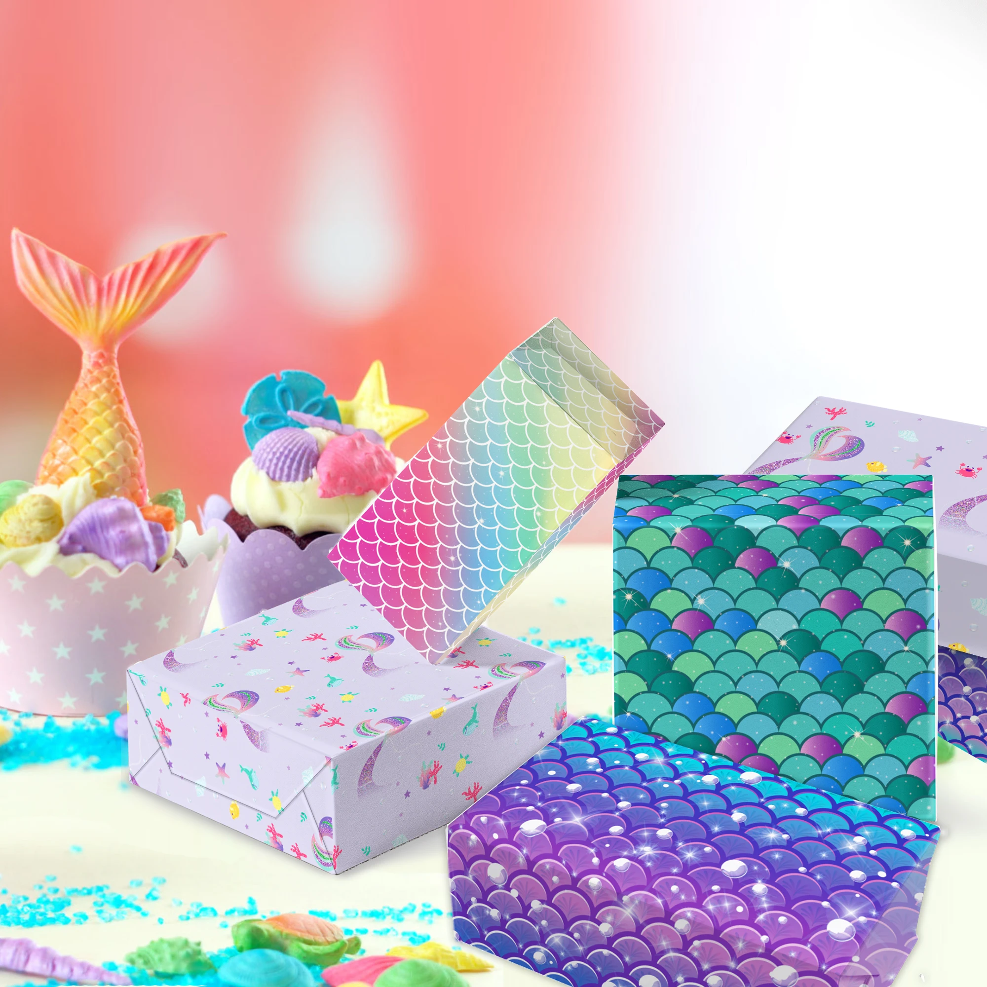 

12pcs Girls Cartoon Animals Sea Mermaid Birthday Party DIY Gift Wrapping Papers Baby Shower Party Decors Handbook Material Paper