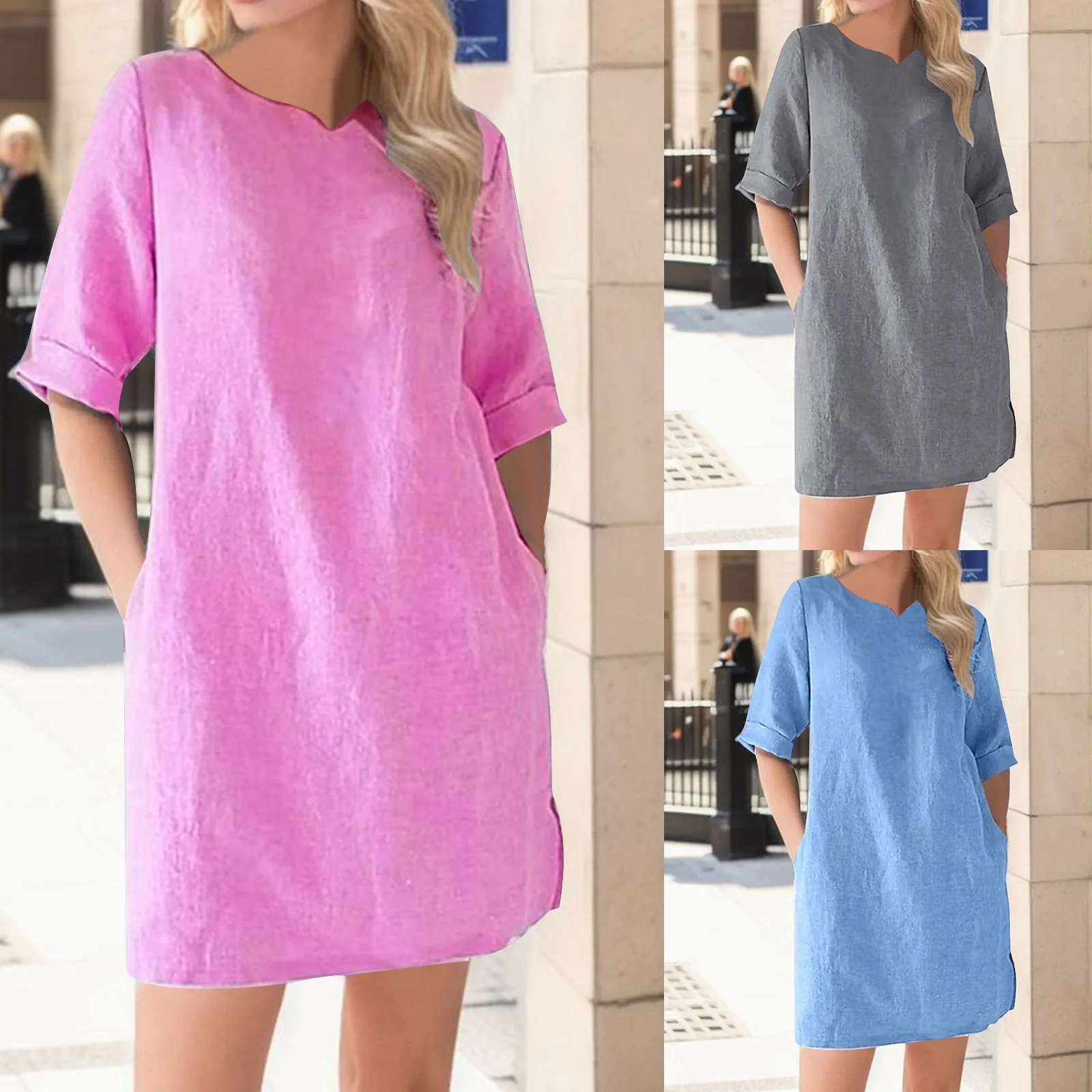 

Women Cotton Linen Blouse Shirts Elegant Female Half Sleeves Pockets Loose Casual Dresses Side Slits Streetwear Plus Size Robe