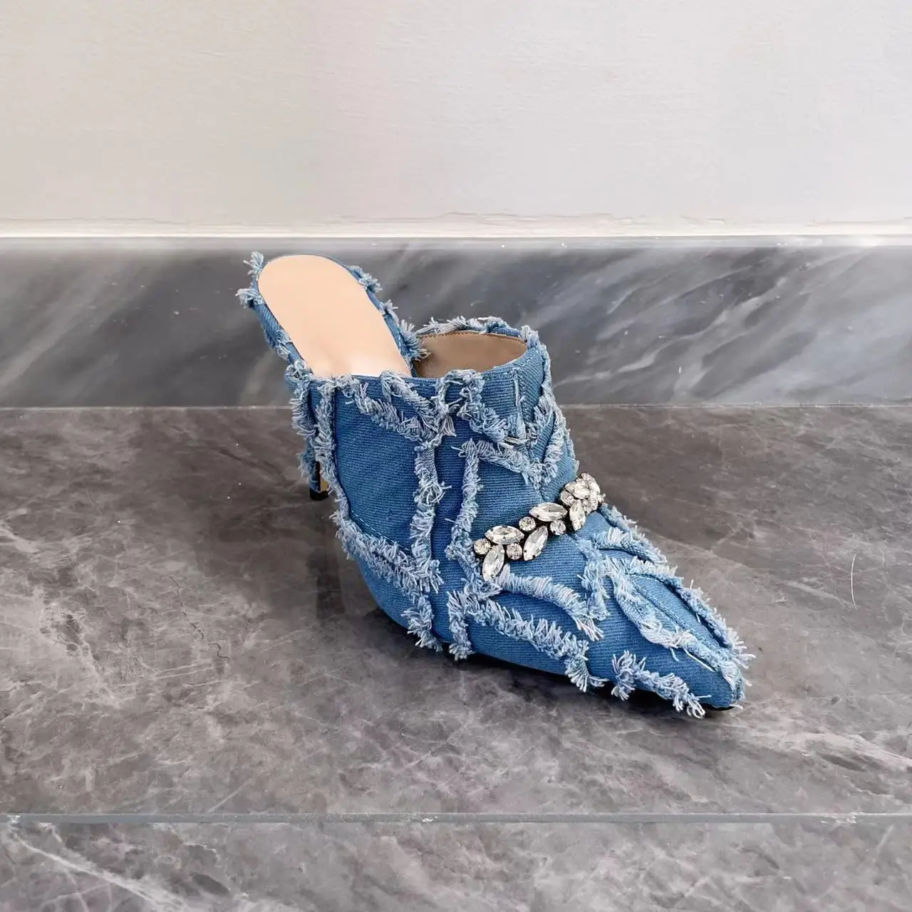 Classic Denim Luxury Crystal Tassel Slingback Slides Women Pointed Toe Blue Slip-on High Heels Slippers Lady Dress Banquet Shoes