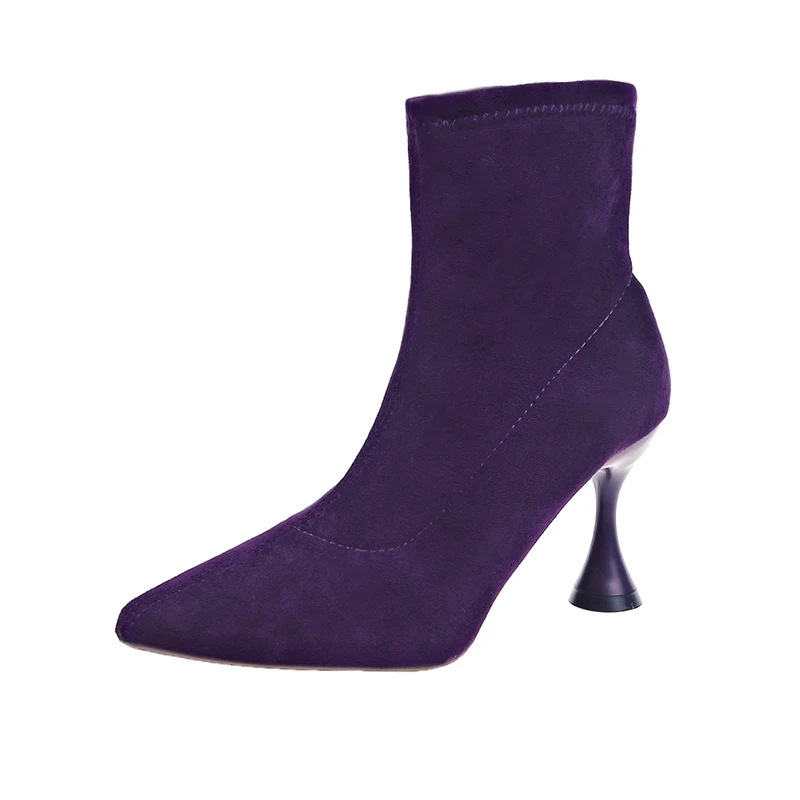 

Женские ботинки-носки из флока, ботильоны на высоком каблуке-шпильке, с острым носком, без застежки, зима 2023