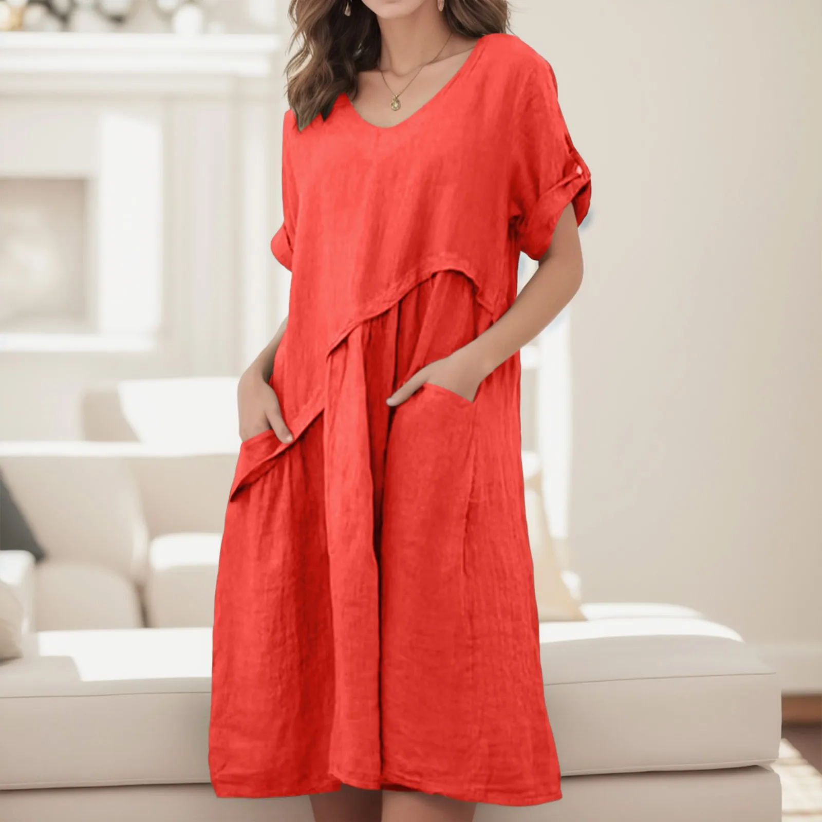 Summer Dresses for Women National Style Retro Women's Cotton and Linen O-neck Large Swing Loose Dress with Pocket Vestidos