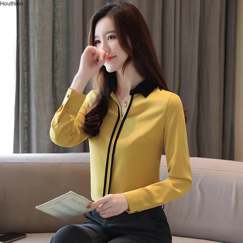 

Houthion Chiffon Women's Blouses Solid Shirt Casual Long Sleeve Top V-neck Loose Lady Summer Regular Fashion