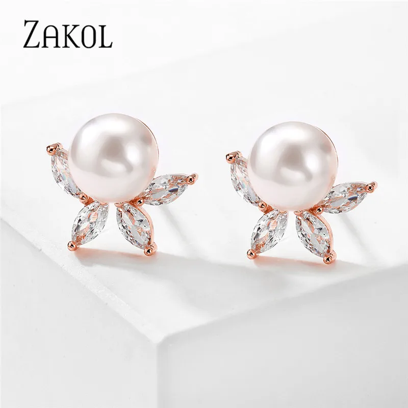 

ZAKOL Classic Big Round Simulated Pearl Stud Earrings for Women Shinny Zirconia Crystal Bridal Wedding Party Fashion Jewelry