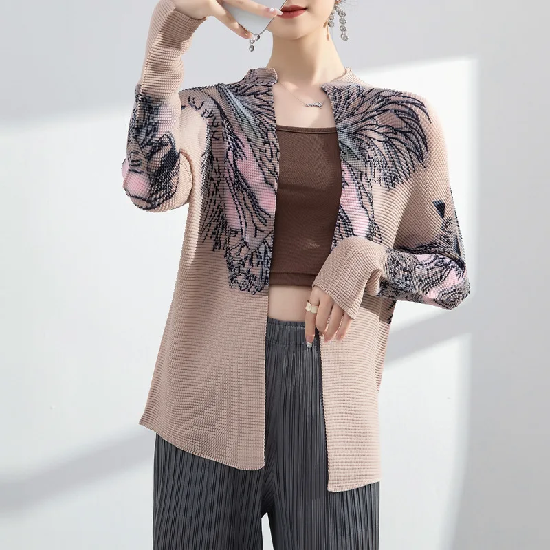 2022 women's spring new me series printed top Miyak folds Fashion Loose Large Size Draped High Stretch Cardigan Small Jacket