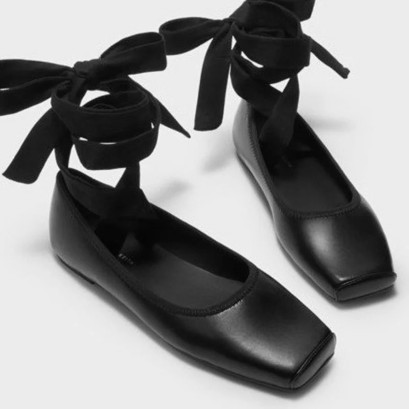 Soft Sole Ballet Shoes Cross Strapping Flat Heel Soft Sole Square Toe Single Shoes Women's French Temperament Color Contrast