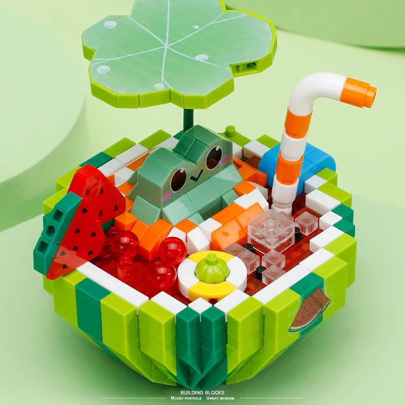 

Микро-строительные блоки из мультфильма, подарок для детей, игрушки для детей, сборная игрушка в виде арбуза, симпатичная пластиковая модель, пляжная мини-фигурка из кирпича