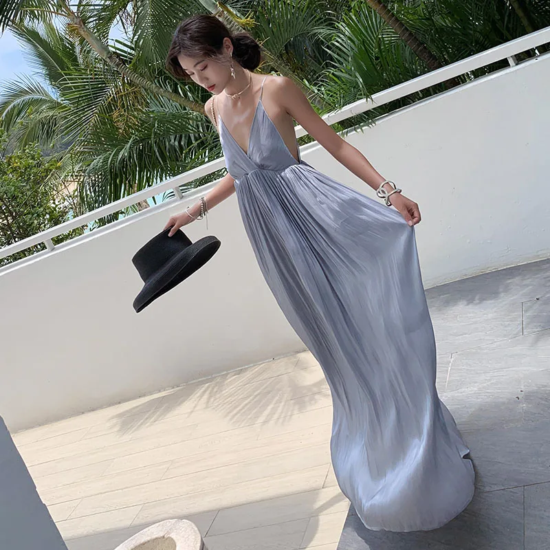 

Summer gray Maxi Women Strappy Dress 2023 Slim Long Backless Party Vacation swing Dresses Female New