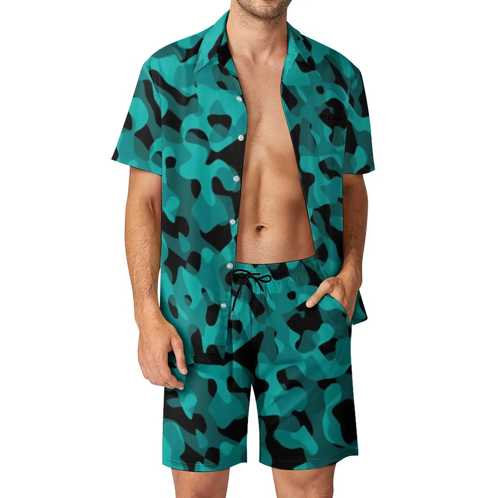 

Camouflage Men Sets Black and Teal Camo Casual Shorts Beach Shirt Set Summer Streetwear Suit Short-Sleeved Plus Size