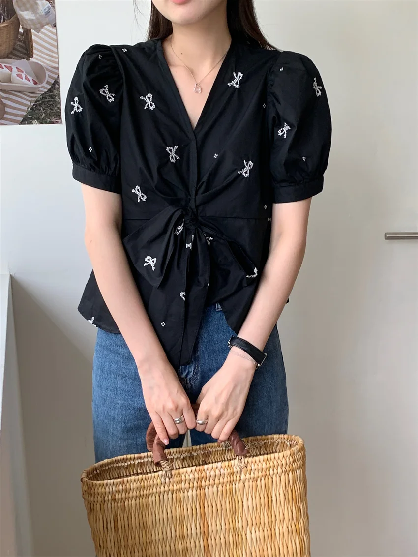 Блузка Alien Kitty женская с V-образным вырезом Стильная приталенная рубашка рукавом