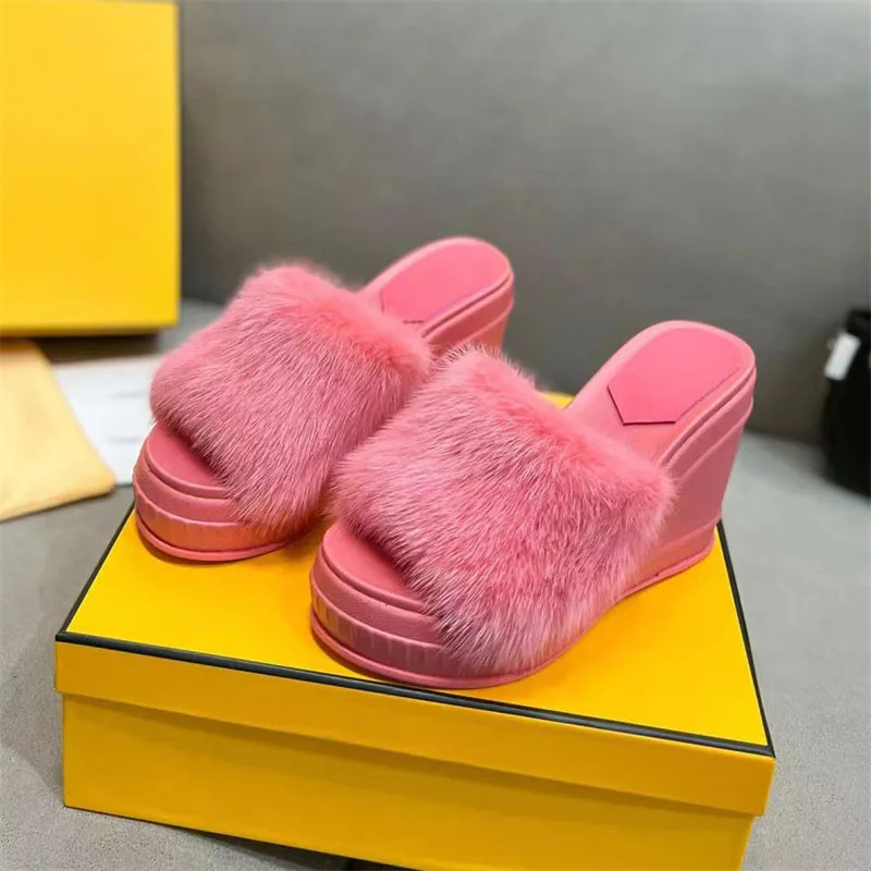 

Wedge Heels Slippers Women Fashion Furry Platform Summer Shoes Female Casual Outdoor Slip On Shoes Ladies Solid Color Sandals