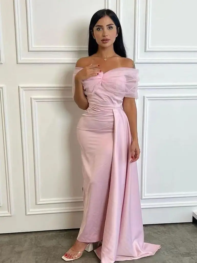 

Merida Off-The-Shoulder Prom Dresses Pink Tulle Mermaid Ankle-Length Satin Sleeveless Elegant Party Dresses For Women 2023