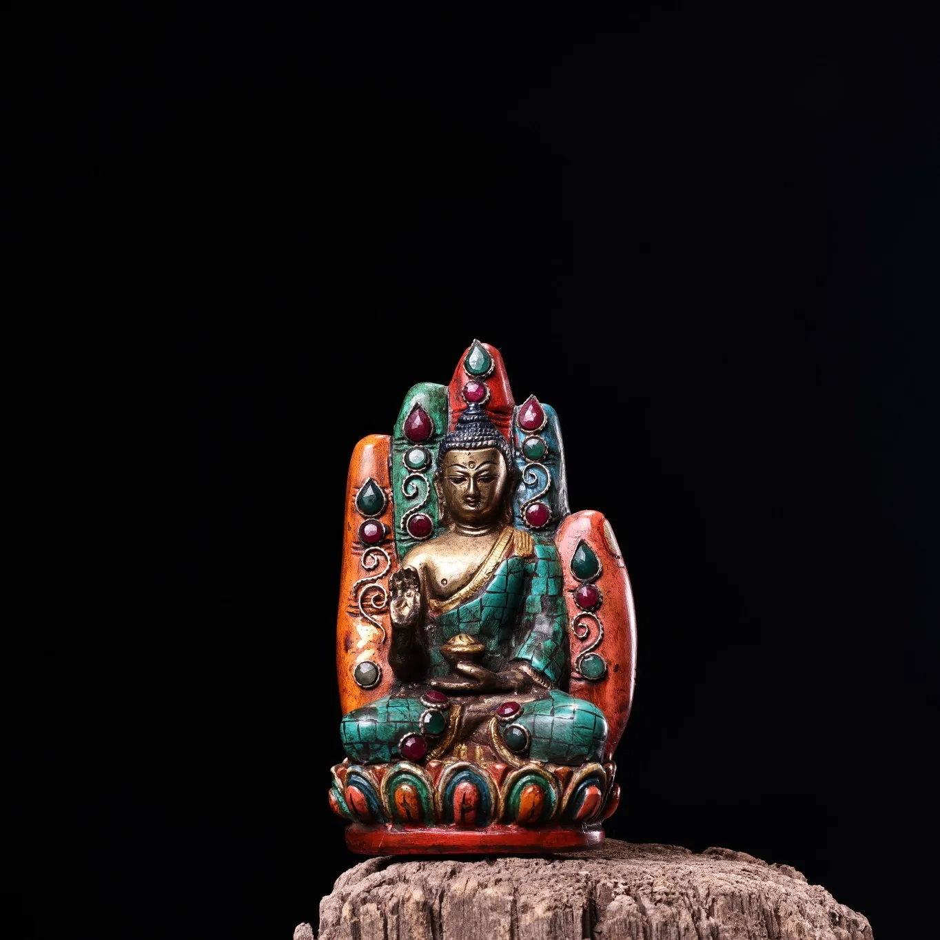 

6"Tibetan Temple Collection Old Bronze Outline in gold Mosaic Gem Turquoise Bergamot Sakyamuni Sitting Buddha Worship Hall