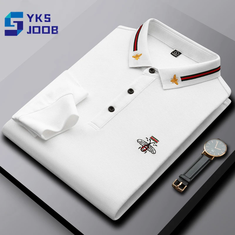 

Business Casual Polo Shirts Mens Bee Embroidery Solid Long Sleeve Lapl Breathable Blouse High Quality Office Tops Ropa Hombre