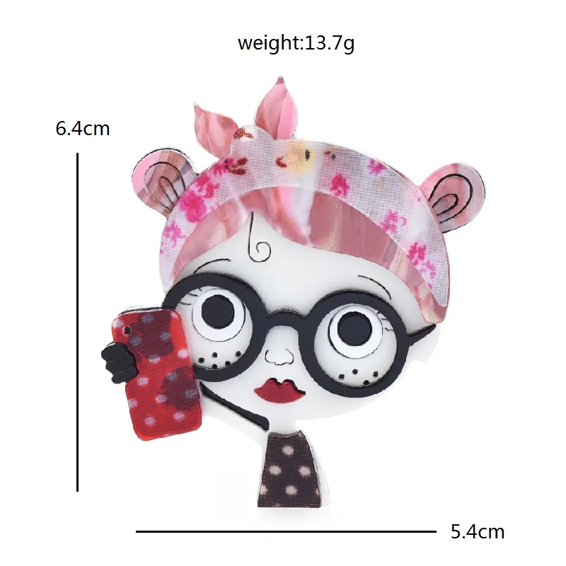 Wuli&baby Acrylic Take Phone Girl Brooches For Women Unisex Lovely Lady Figure Party Office Brooch Pin Gifts