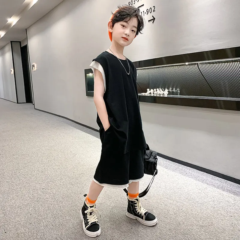 Boys Two Piece Summer Clothes Set Outfits Sleeveless T-shirt And Shorts 2022 New Big Boy Costumes for Kids Children Tracksuits