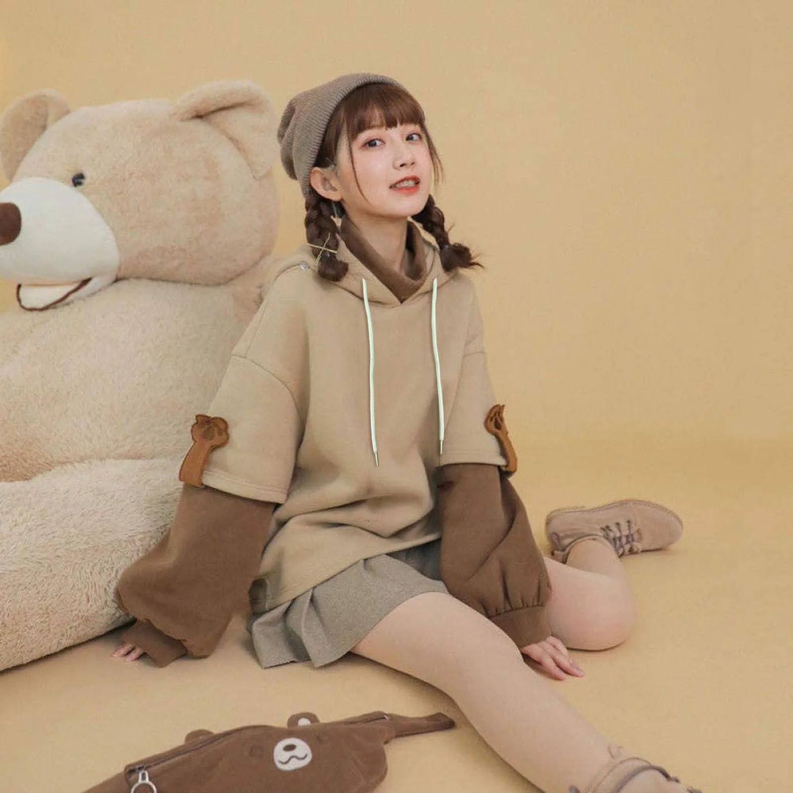 

Japanese Oversized Hoodie Women Cute Korean Bear Simple Sweatshirt Colorblock Baggy Hoodie Drawstring Sweatshirts Female Pullove