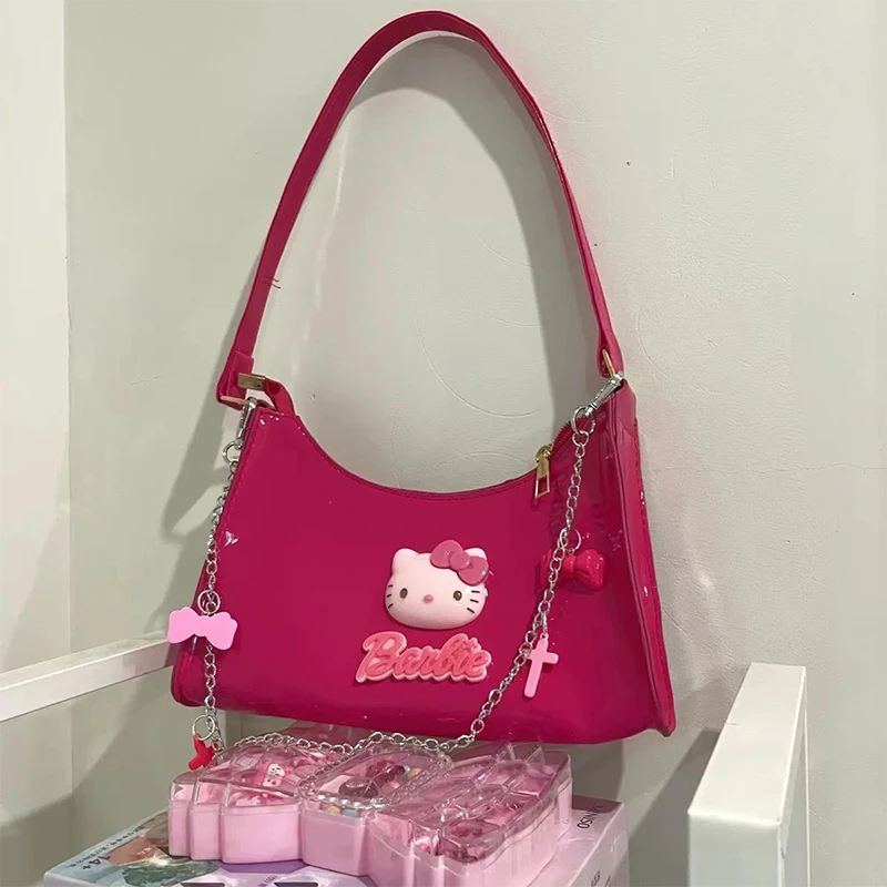 

Kawaii Sanrios Shoulder Bag Hellokittys Cartoon Cute Simple Glossy Leather Anime Portable Travel Handbag Girl Birthday Gift