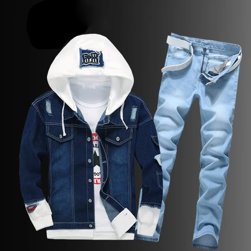 Casual Men Hooded Cowboy Jacket Zipper Jeans Two Piece Set Plus Size Street Single Breasted Hole Ripped Blue Denim Coat Suit