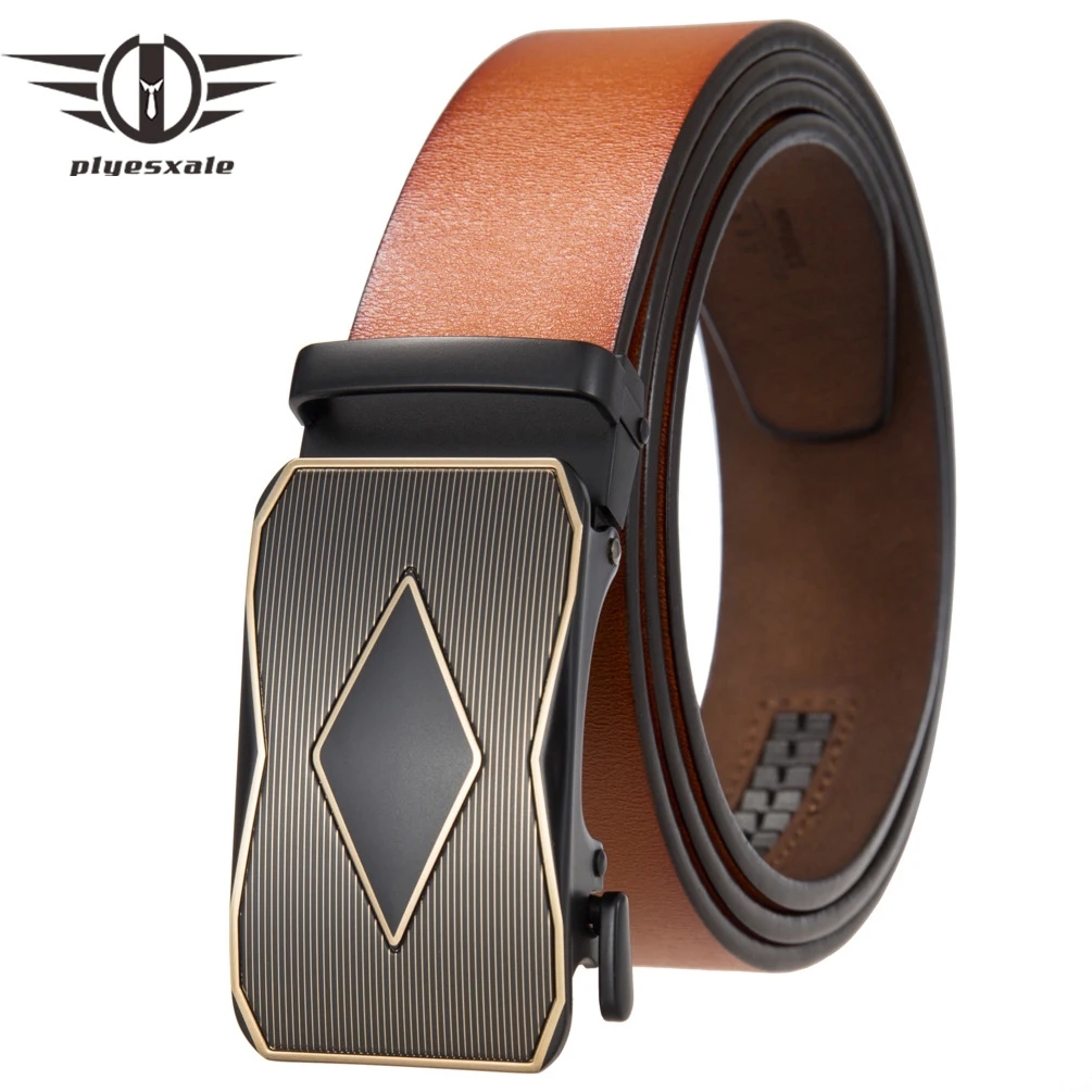 

Plyesxale Men's Belt Automatic Ratchet Buckle Genuine Leather Belts For Men Luxury Brand Retro Male Strap cinturon hombre B949