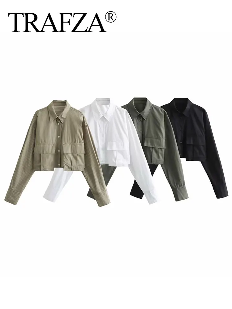

TRAFZA 2023 Autumn Shirts For Women New Windbreaker Fabric Loose Single Breasted Short Shirt Female With Pockets Women's Shirts