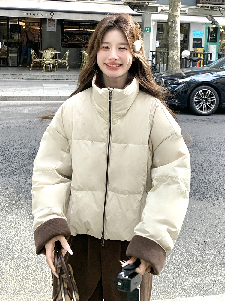 Creamy-white Corduroy Patchwork Short Down jacket Women Winter 2024 Korean Series Super Nice Thickened down Coat Outerwear
