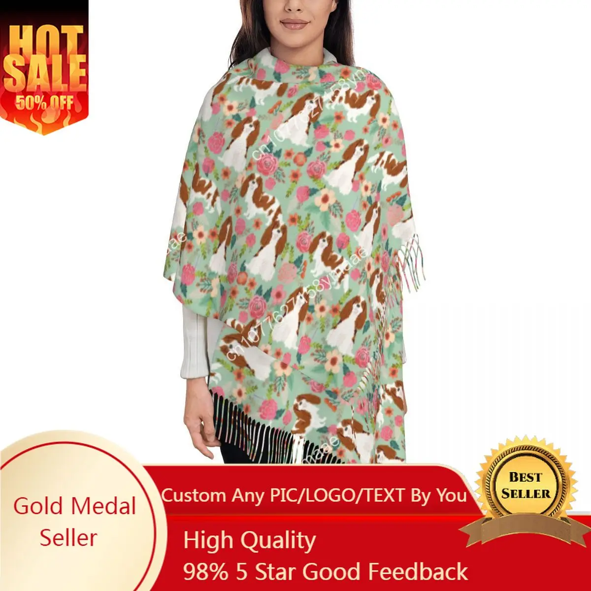 

Blenheim Cavalier King Charles Spaniel Dog Tassel Scarf Women Soft Breed Florals Pattern Shawl Wrap Female Winter Scarves