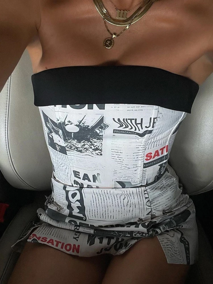Модная женская юбка с принтом газет комплект из 2 предметов пикантный топ