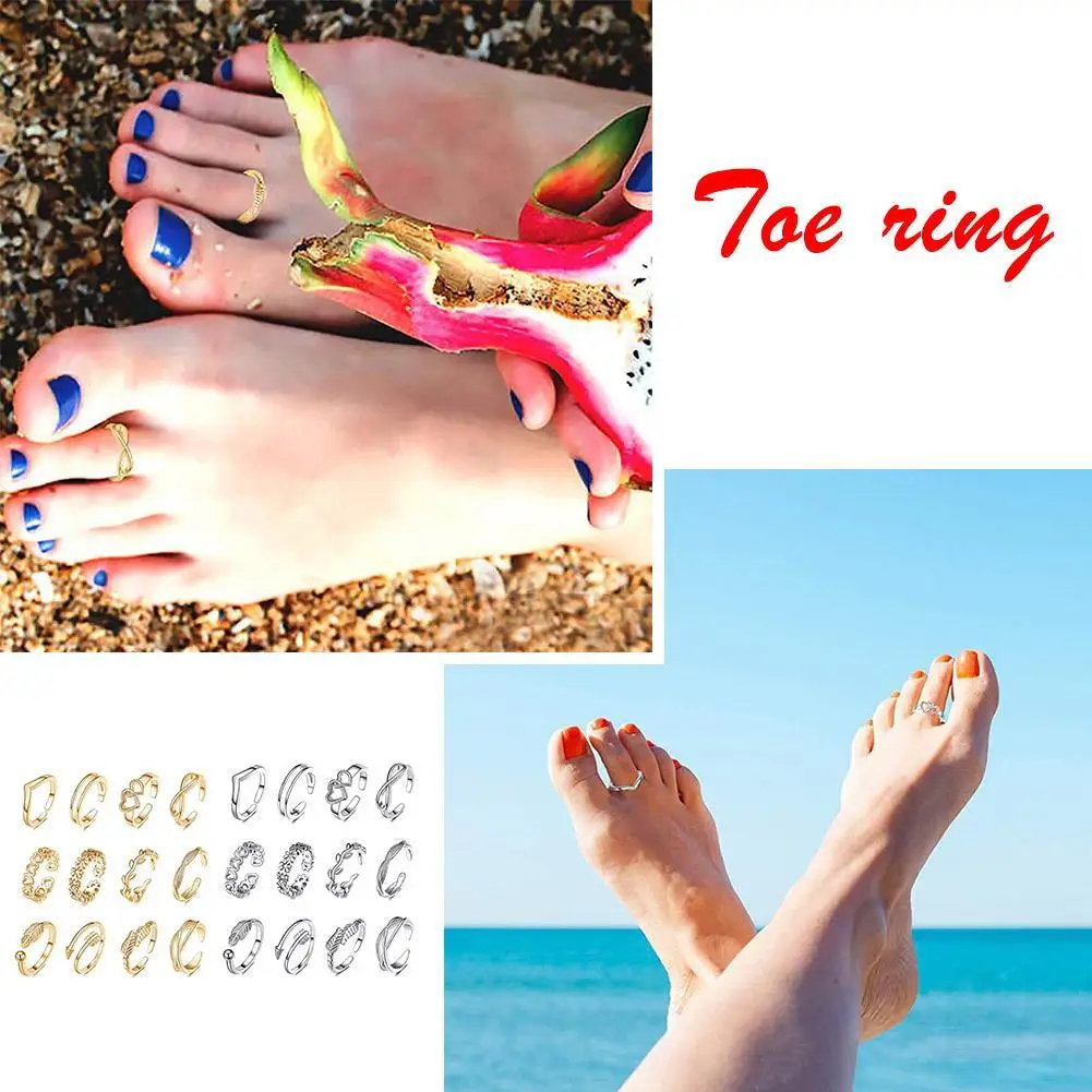 12pcs Adjustable Toe Rings For Women Girls Simple Beach Open Toe Ring Set Cute Arrow Heart Feather Summer Toe Ring Foot Jewelry images - 6