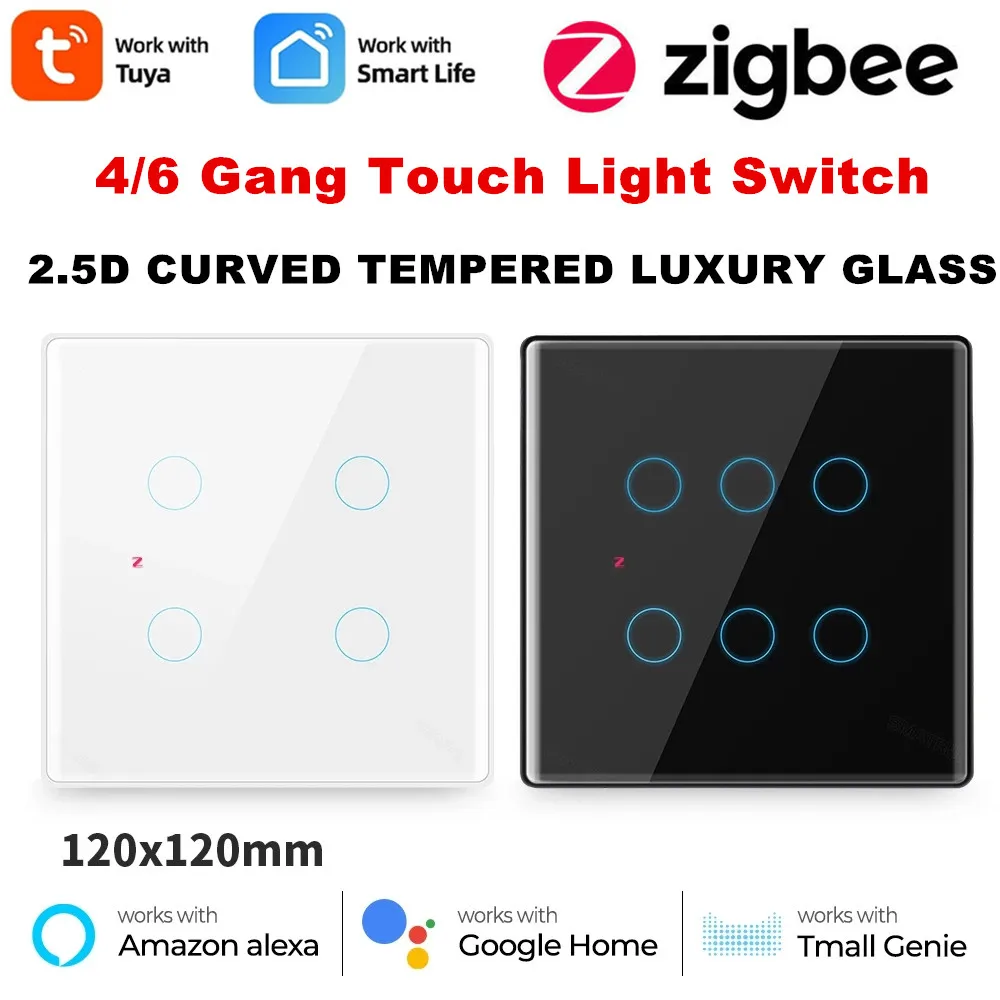 

Zigbee Tuya Smart Light Switch Brazil 4x4 4/6 Gang Touch Wall AC 110-240V Screen Panel Neutral Wire Work With Alexa Google Home