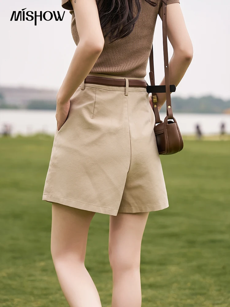 MISHOW Light Khaki Shorts for Women 2023 Summer High Waist Straight Wide Leg Casual Short Pants with Belt Office Lady MXC38K0120
