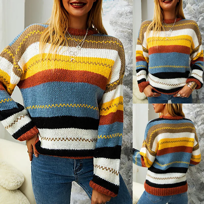Купи 2023 Women's Spring and Summer New Women's Color Stripe Splice Round Neck Long Sleeve Sweater за 468 рублей в магазине AliExpress