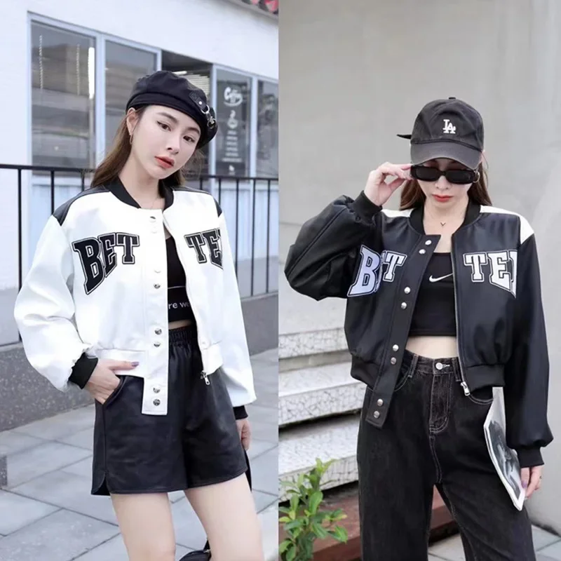 Vintage American Style Motorcycle Baseball Jacket For Women 2023 Spring New Street Cropped Genuine Leather