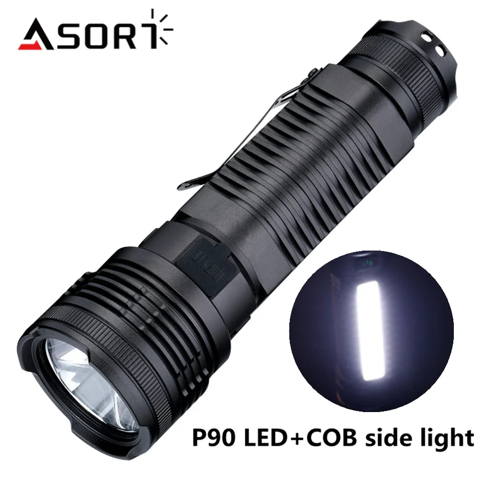 P90+COB Side Light Flashlight 26650 Rechargeable LED Outdoor Lamp Super Bright Long Range With Clip