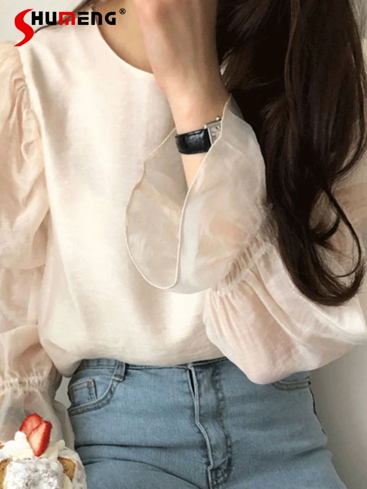 

Simple Women's Crew Neck Stitching Mesh See-through Bell Sleeve Black Blouse Korean Chic Sweet Back Lace-up Cutout Shirts Ladies