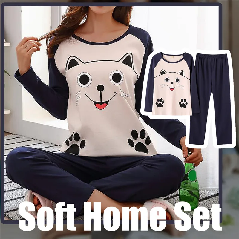 Cartoon Print Pajamas Women's Spring Autumn O-neck Long-sleeved Home Service Female Simple Loose Casual Suit Large Size